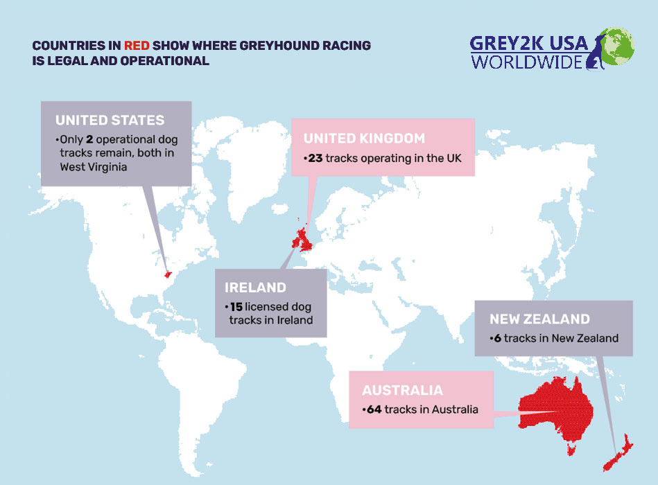 Worldwide map where greyhound racing is legal and operational